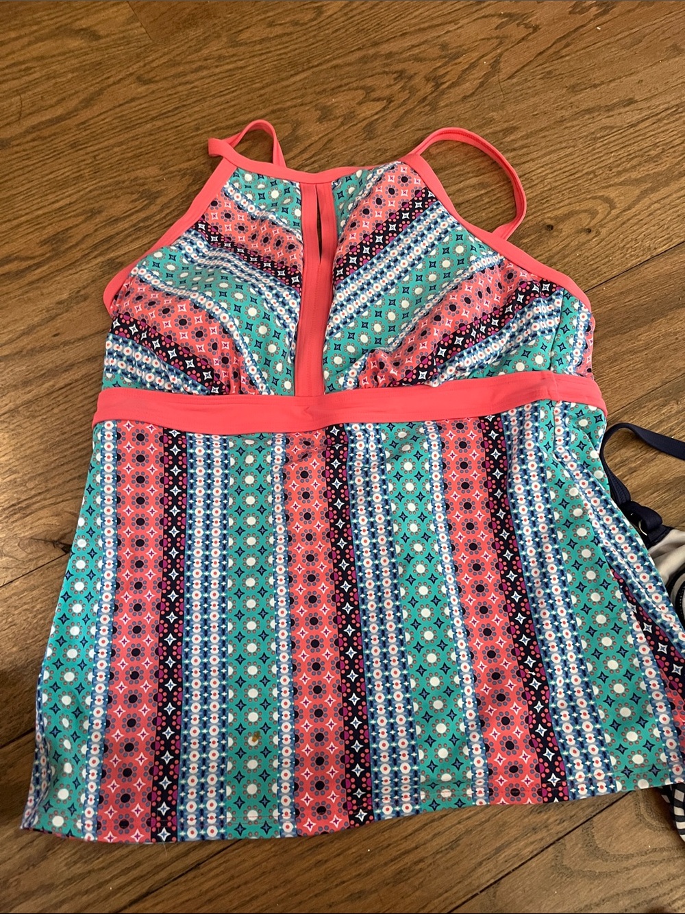 Lands' End Coral and Teal Patterned Tankini Top